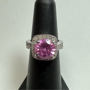 Pink Sapphire & Diamond Halo Ring, Simulated Stones, Silver Plated